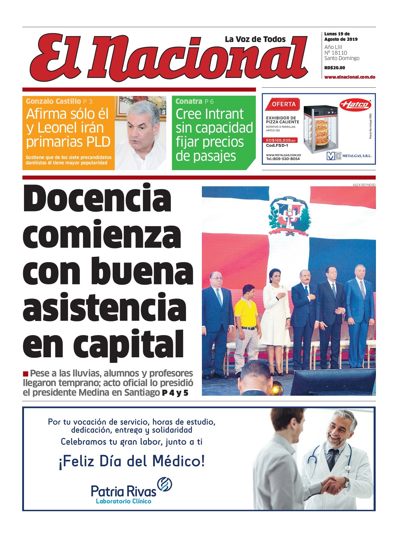 Portada Periódico El Nacional, Lunes 19 de Agosto, 2019