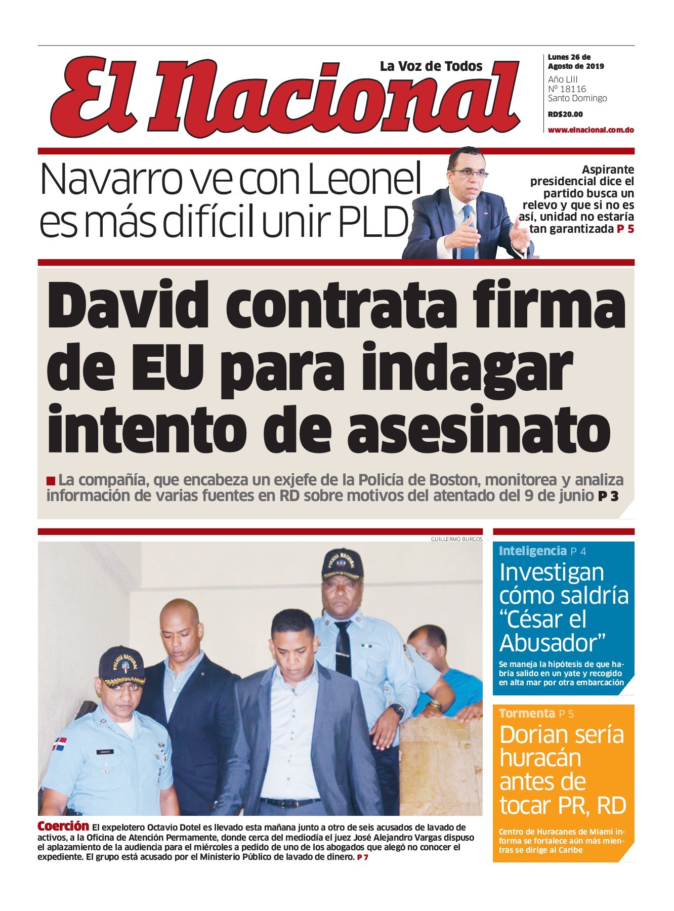 Portada Periódico El Nacional, Lunes 26 de Agosto, 2019