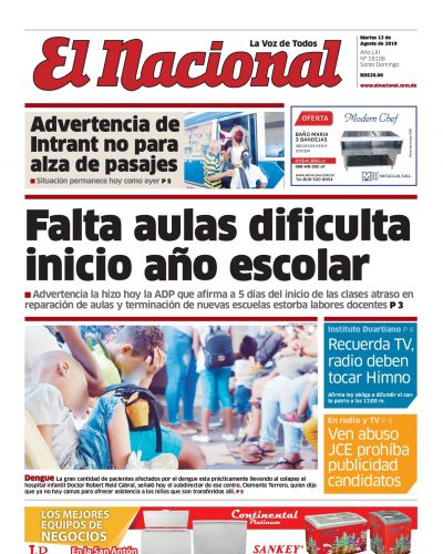 Portada Periódico El Nacional, Martes 13 de Agosto, 2019