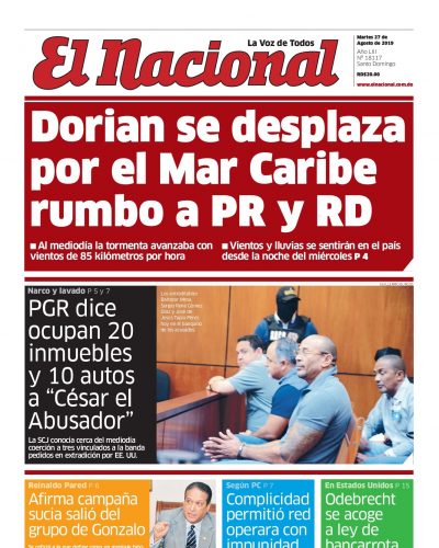 Portada Periódico El Nacional, Martes 27 de Agosto, 2019