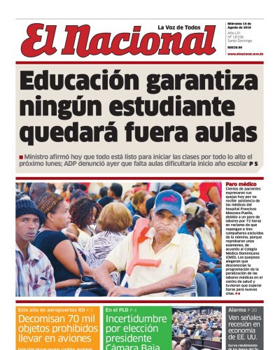 Portada Periódico El Nacional, Miércoles 14 de Agosto, 2019