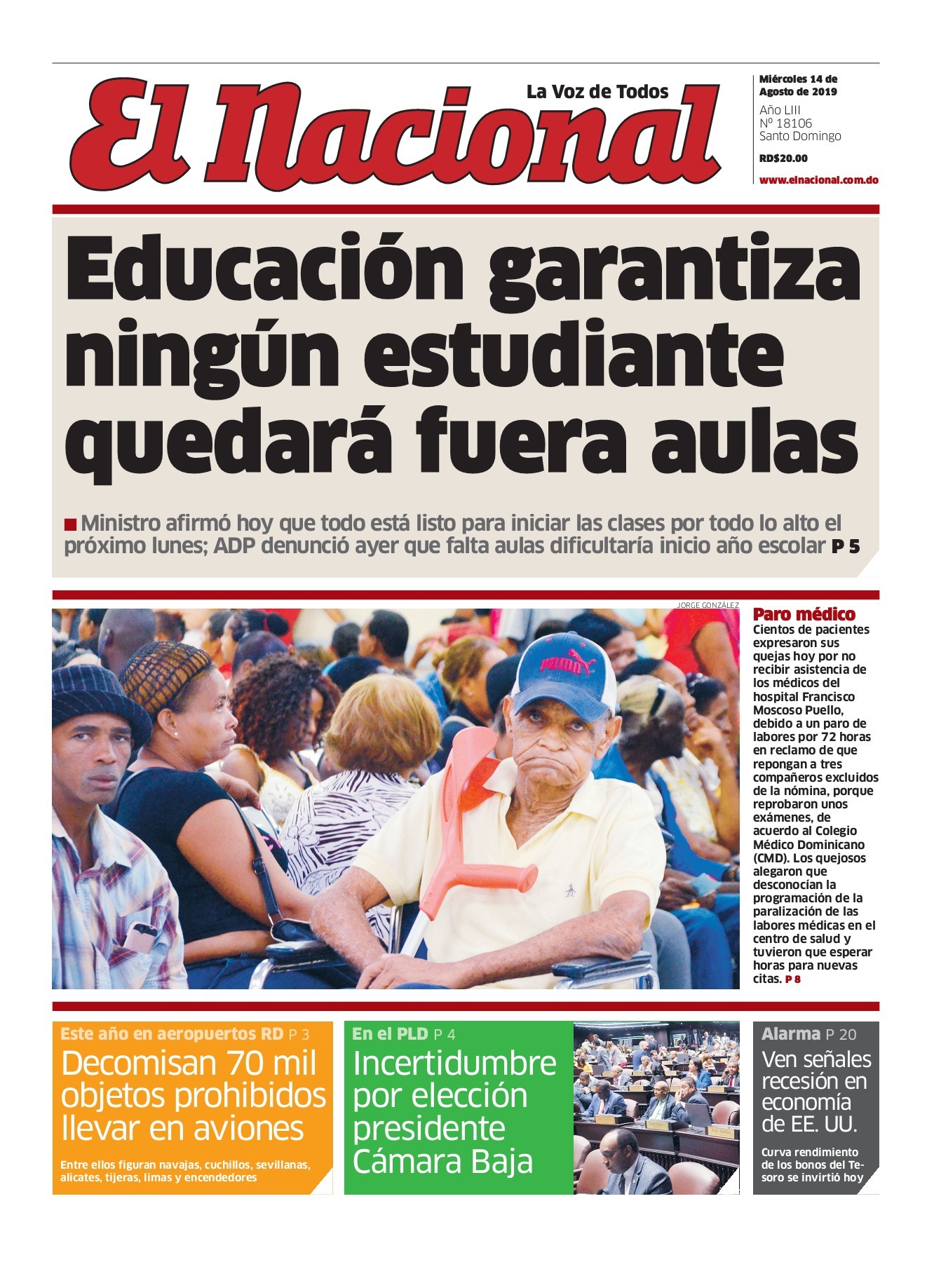 Portada Periódico El Nacional, Miércoles 14 de Agosto, 2019