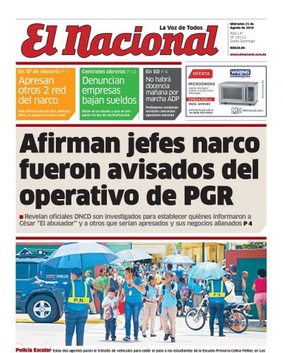 Portada Periódico El Nacional, Miércoles 21 de Agosto, 2019