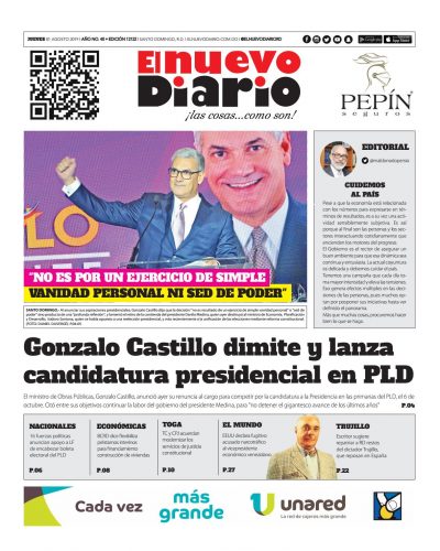 Portada Periódico El Nuevo Diario, Jueves 01 de Agosto, 2019