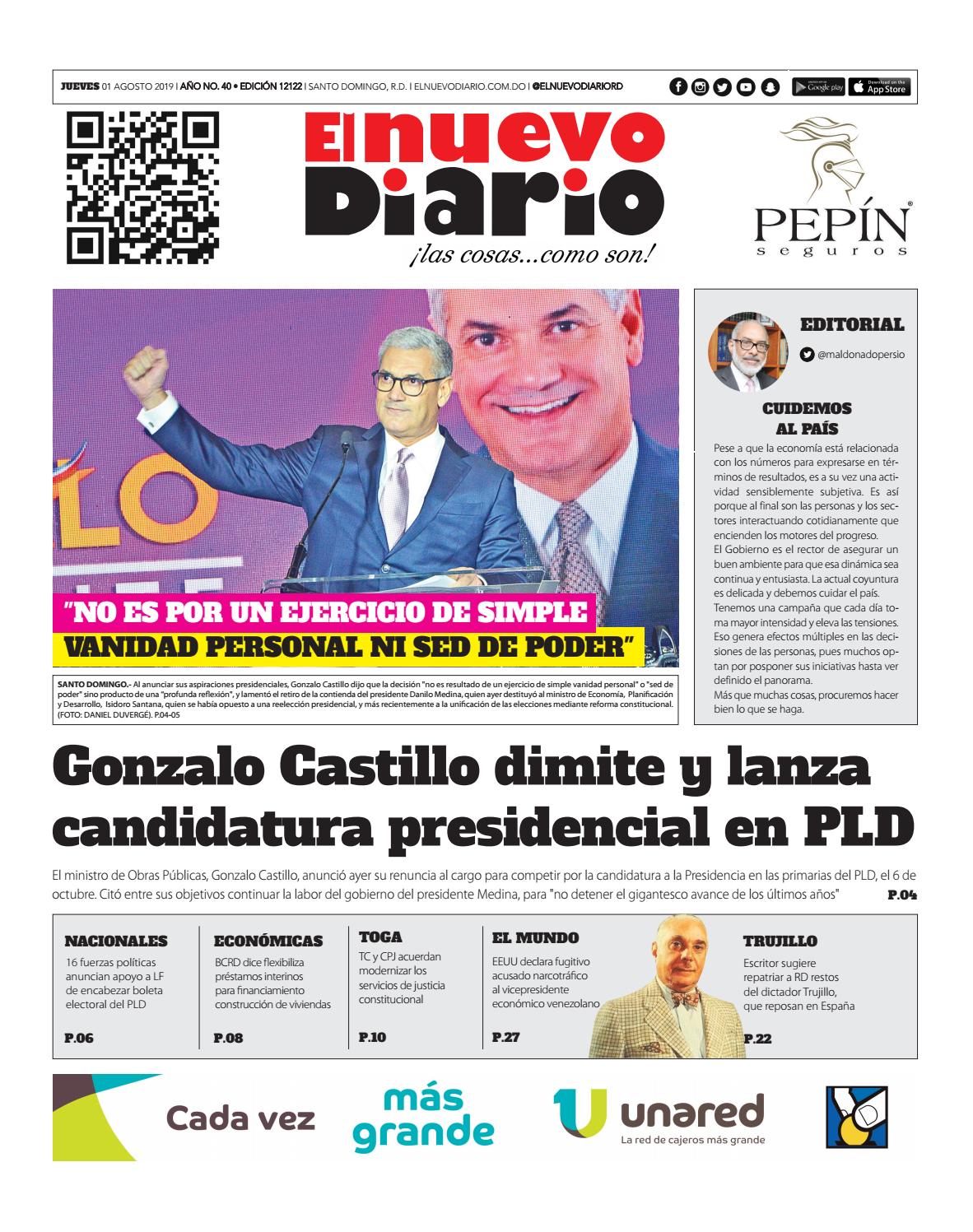 Portada Periódico El Nuevo Diario, Jueves 01 de Agosto, 2019