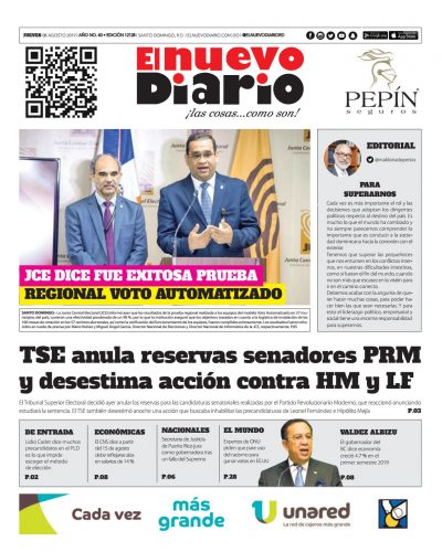 Portada Periódico El Nuevo Diario, Jueves 08 de Agosto, 2019