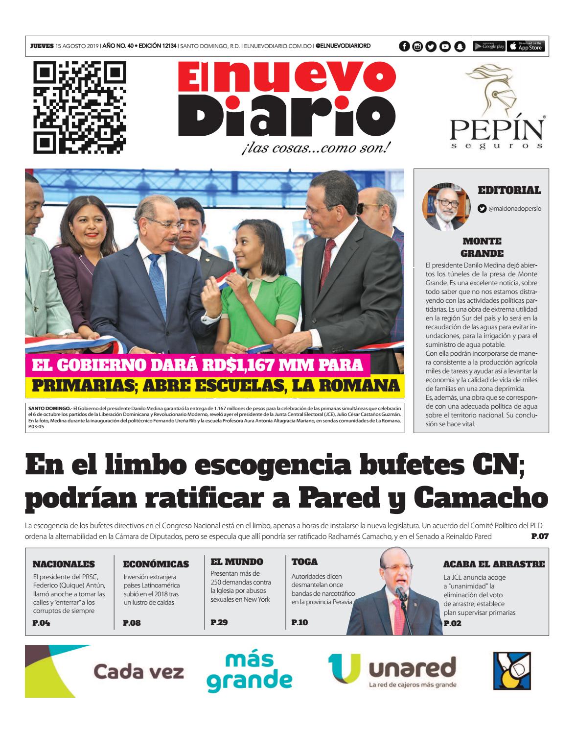 Portada Periódico El Nuevo Diario, Jueves 15 de Agosto, 2019