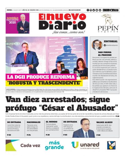 Portada Periódico El Nuevo Diario, Jueves 22 de Agosto, 2019