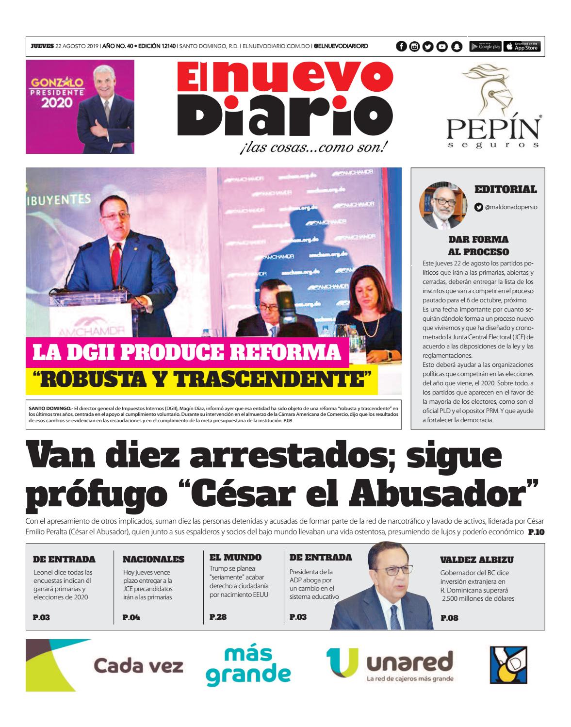 Portada Periódico El Nuevo Diario, Jueves 22 de Agosto, 2019