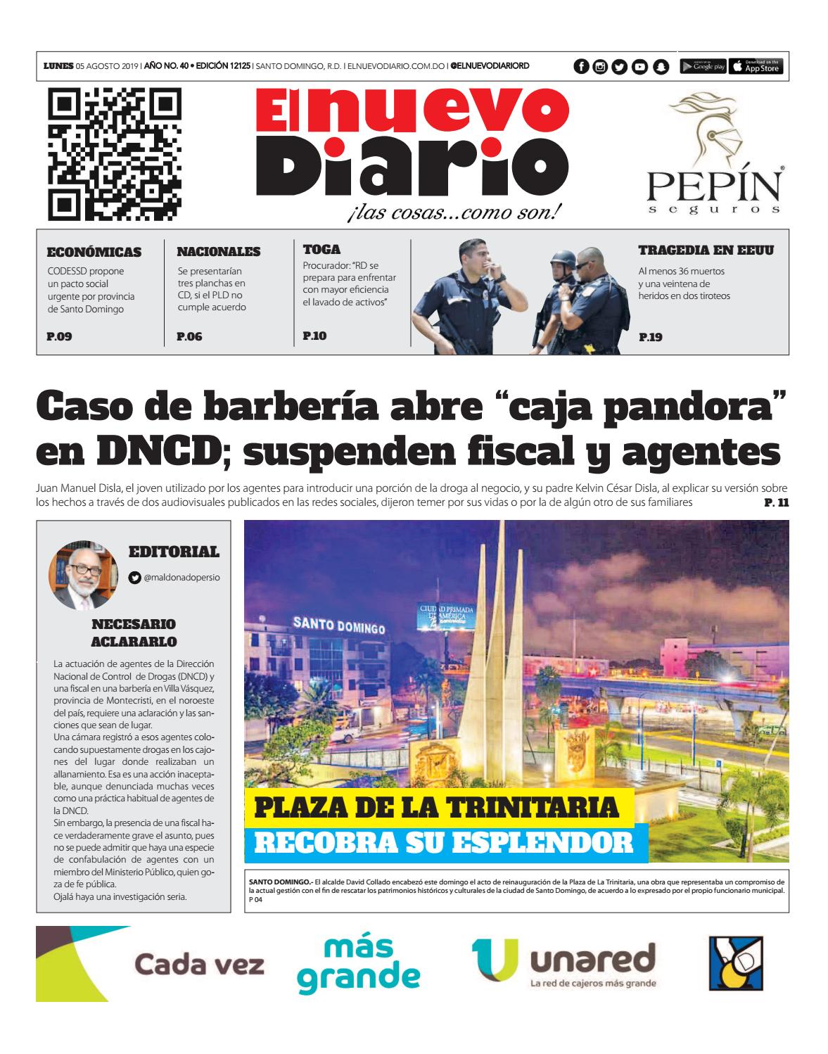 Portada Periódico El Nuevo Diario, Lunes 05 de Agosto, 2019
