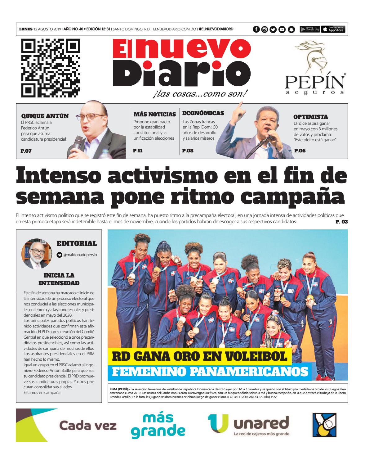 Portada Periódico El Nuevo Diario, Lunes 12 de Agosto, 2019