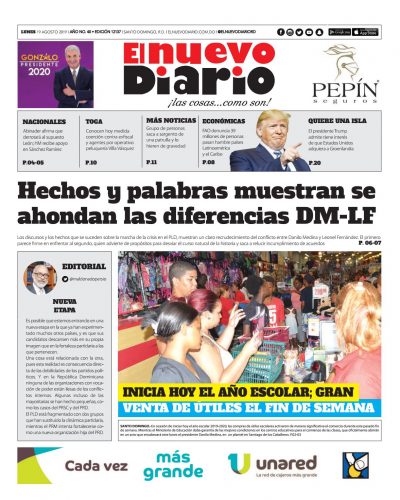 Portada Periódico El Nuevo Diario, Lunes 19 de Agosto, 2019
