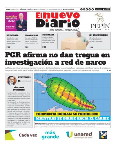 Portada Periódico El Nuevo Diario, Lunes 26 de Agosto, 2019