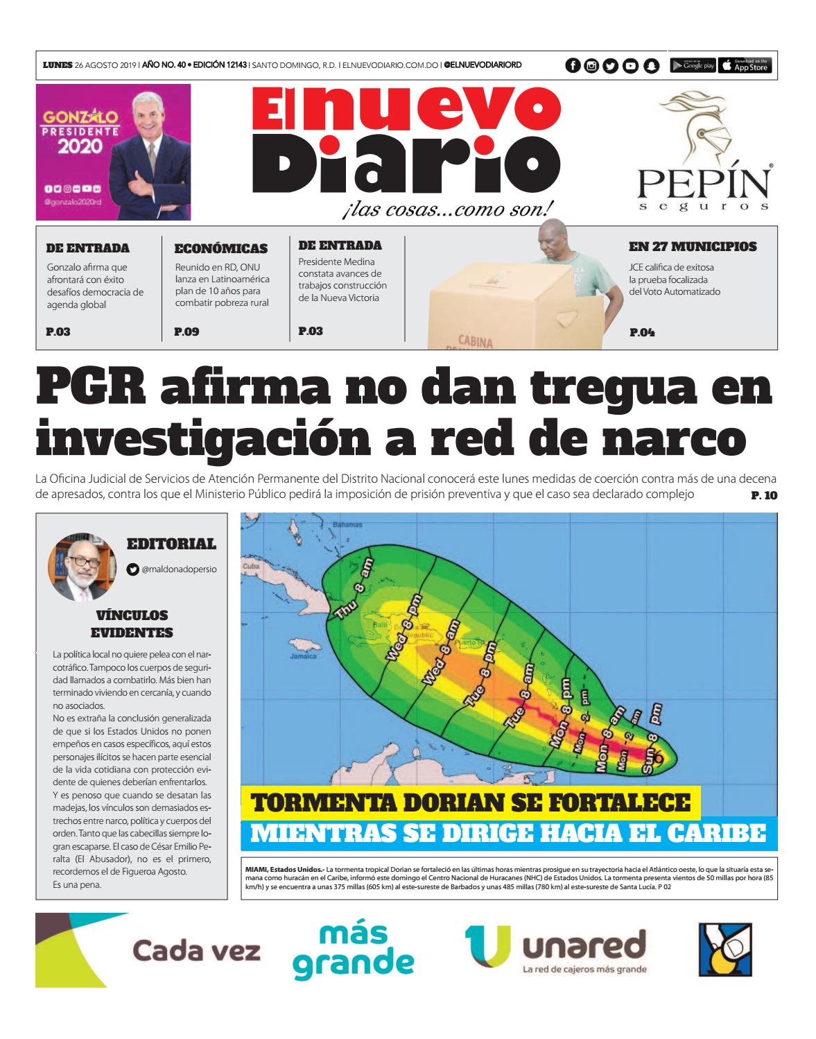 Portada Periódico El Nuevo Diario, Lunes 26 de Agosto, 2019