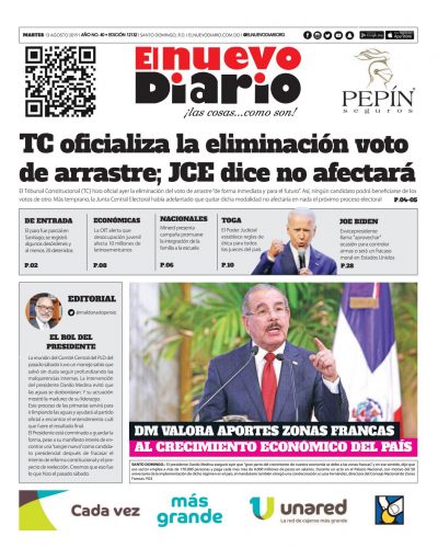 Portada Periódico El Nuevo Diario, Martes 13 de Agosto, 2019