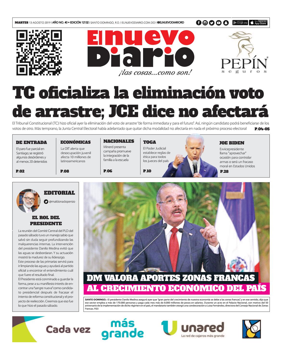 Portada Periódico El Nuevo Diario, Martes 13 de Agosto, 2019