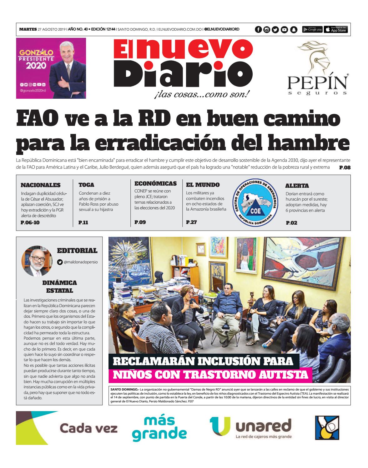 Portada Periódico El Nuevo Diario, Martes 27 de Agosto, 2019