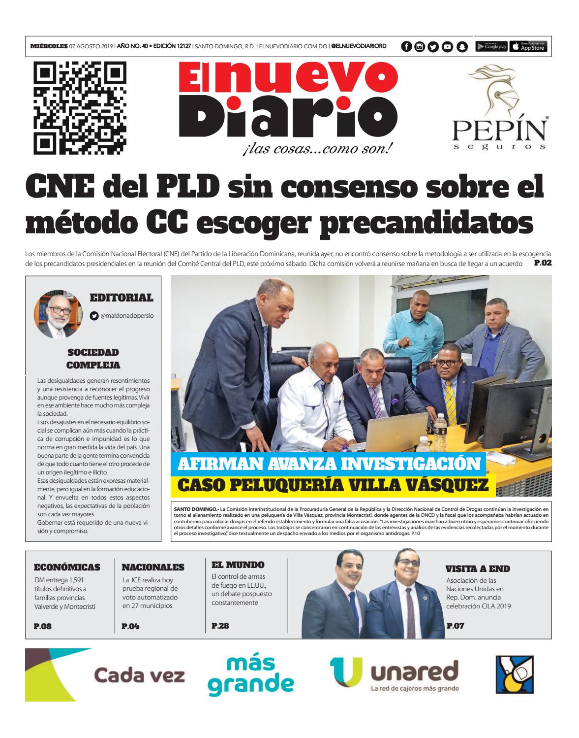 Portada Periódico El Nuevo Diario, Miércoles 07 de Agosto, 2019