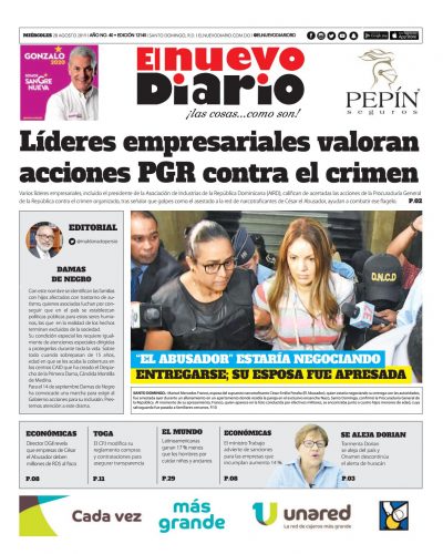 Portada Periódico El Nuevo Diario, Miércoles 28 de Agosto, 2019