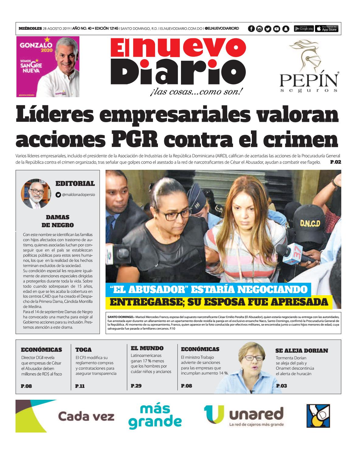 Portada Periódico El Nuevo Diario, Miércoles 28 de Agosto, 2019