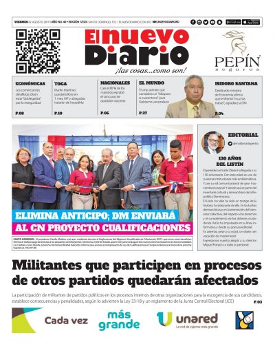 Portada Periódico El Nuevo Diario, Viernes 02 de Agosto, 2019