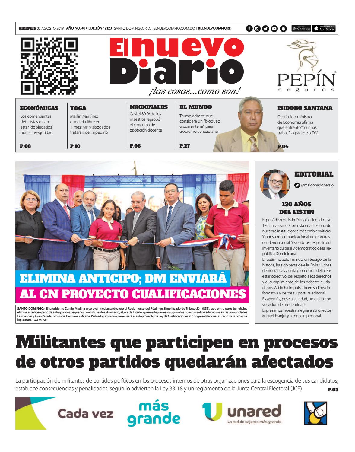 Portada Periódico El Nuevo Diario, Viernes 02 de Agosto, 2019