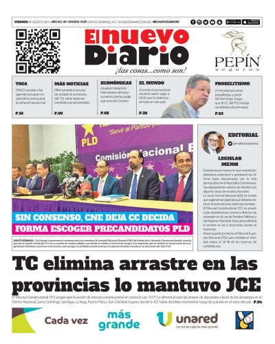 Portada Periódico El Nuevo Diario, Viernes 09 de Agosto, 2019
