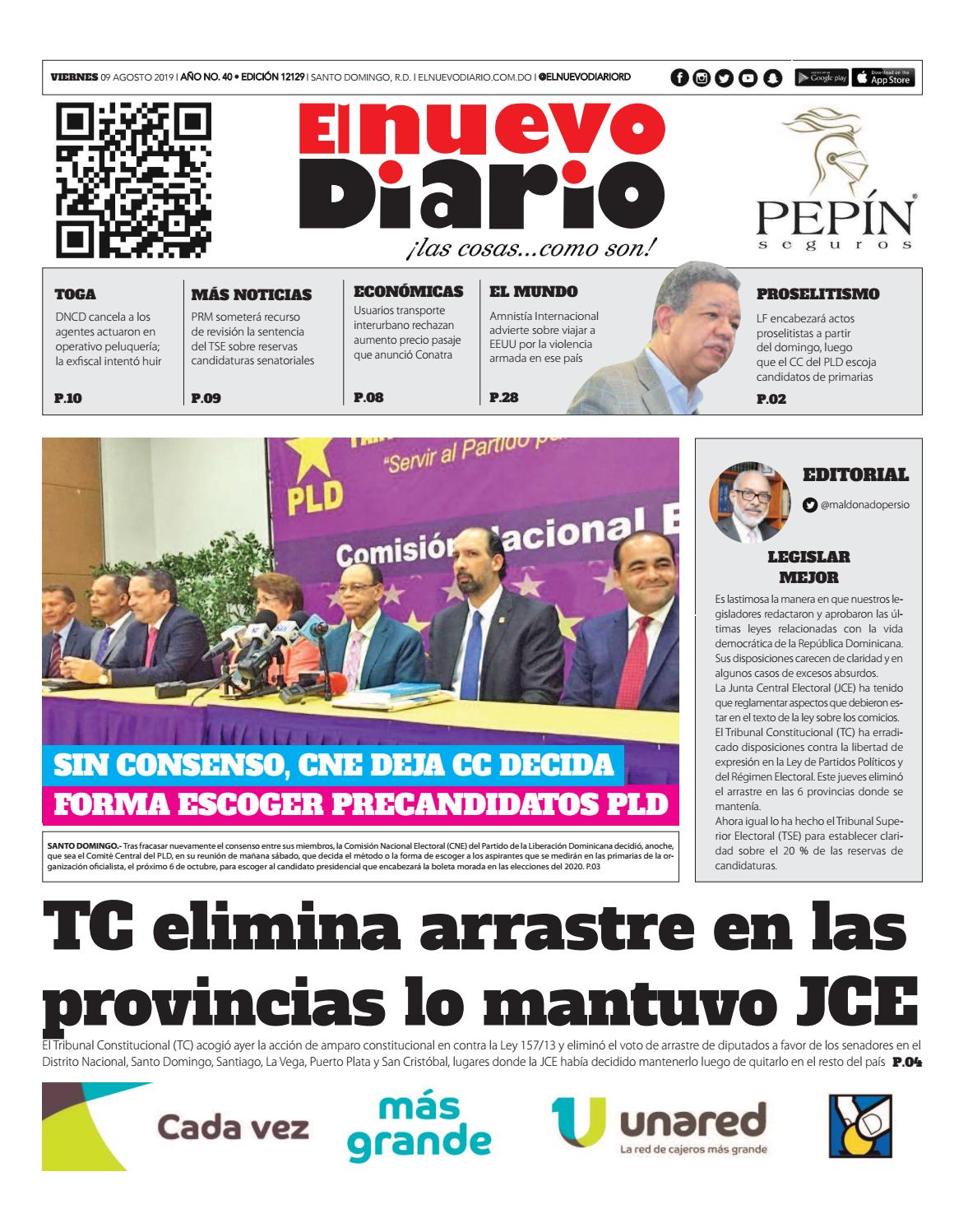 Portada Periódico El Nuevo Diario, Viernes 09 de Agosto, 2019