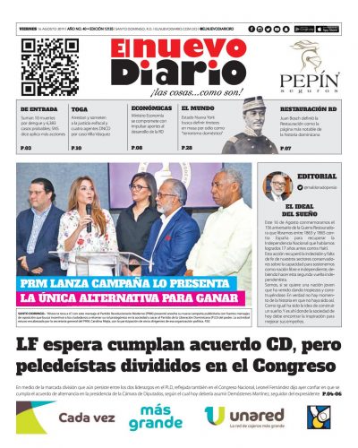 Portada Periódico El Nuevo Diario, Viernes 16 de Agosto, 2019