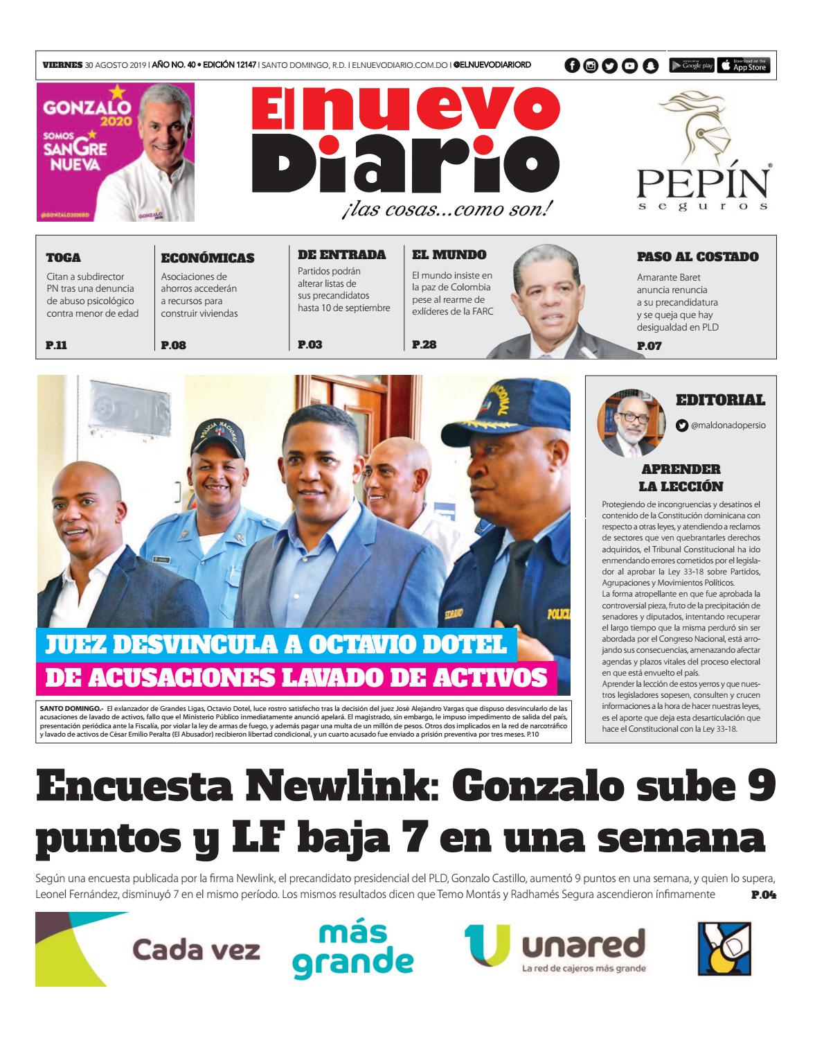 Portada Periódico El Nuevo Diario, Viernes 30 de Agosto, 2019