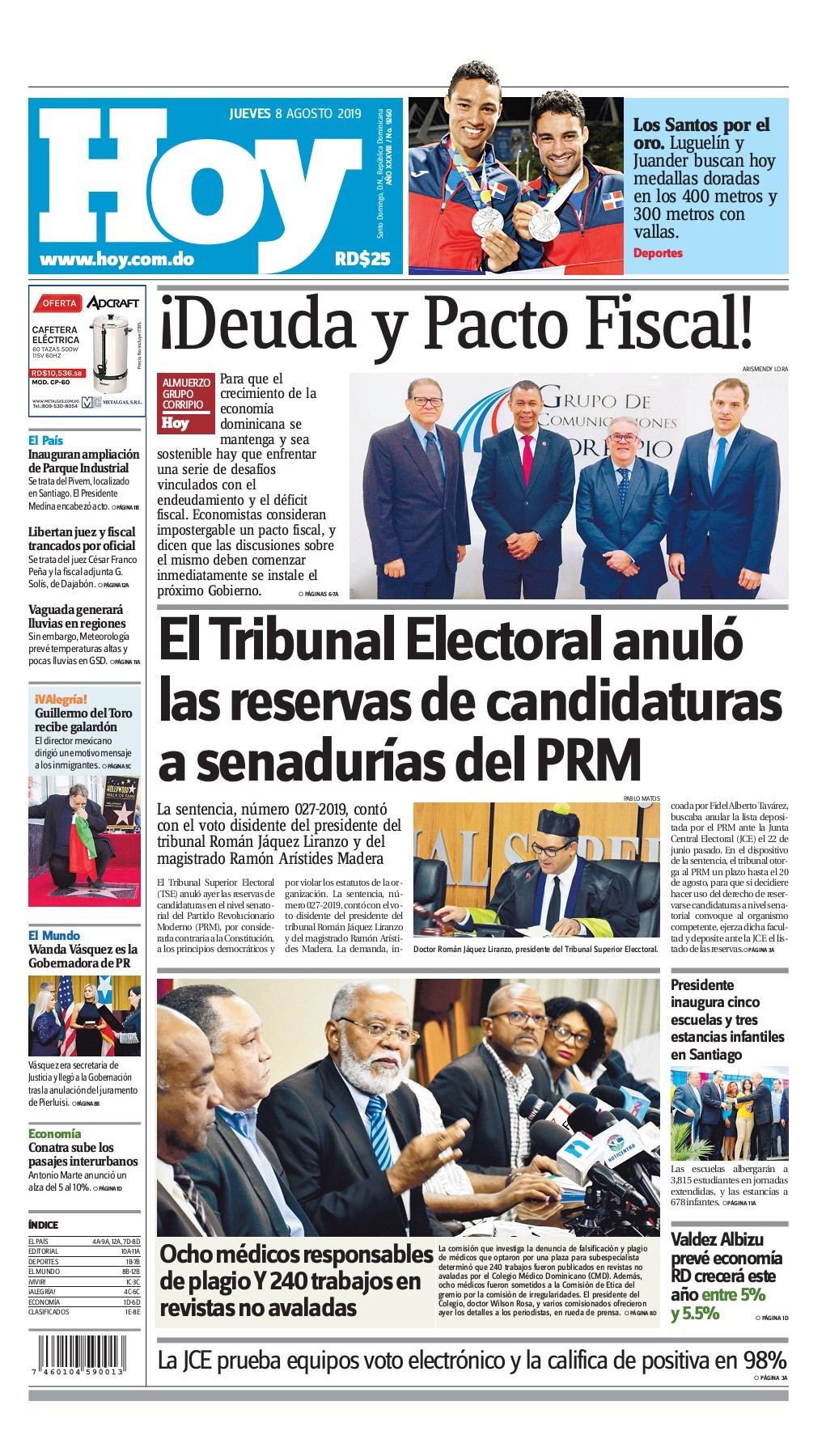 Portada Periódico Hoy, Jueves 08 de Agosto, 2019