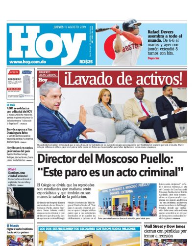Portada Periódico Hoy, Jueves 15 de Agosto, 2019