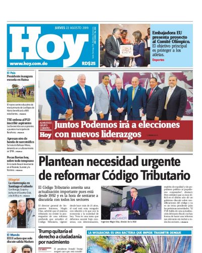 Portada Periódico Hoy, Jueves 22 de Agosto, 2019