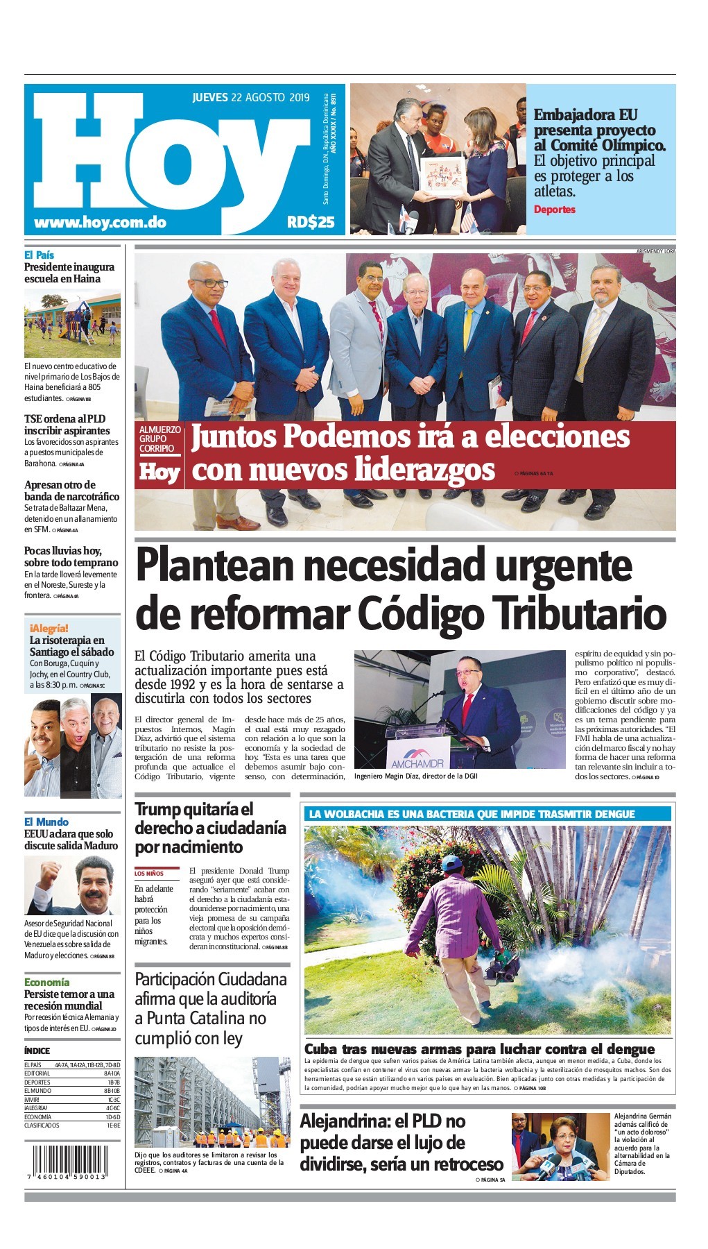 Portada Periódico Hoy, Jueves 22 de Agosto, 2019