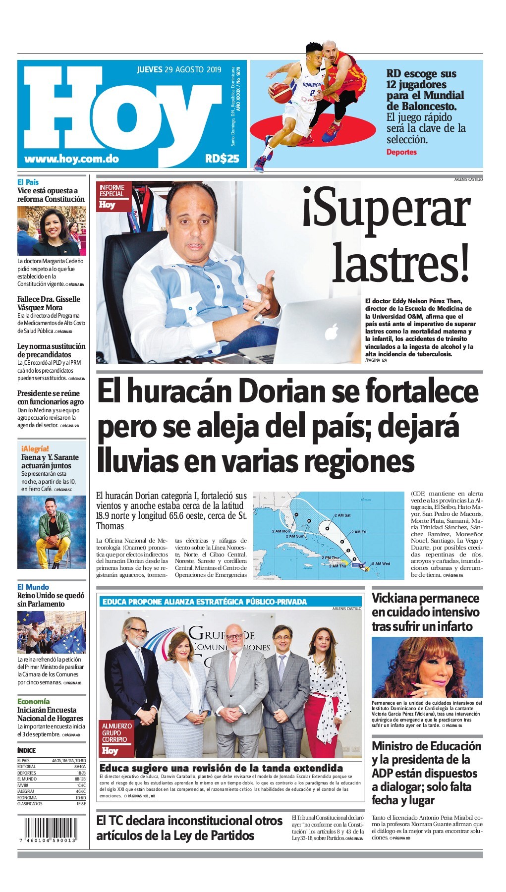 Portada Periódico Hoy, Jueves 29 de Agosto, 2019