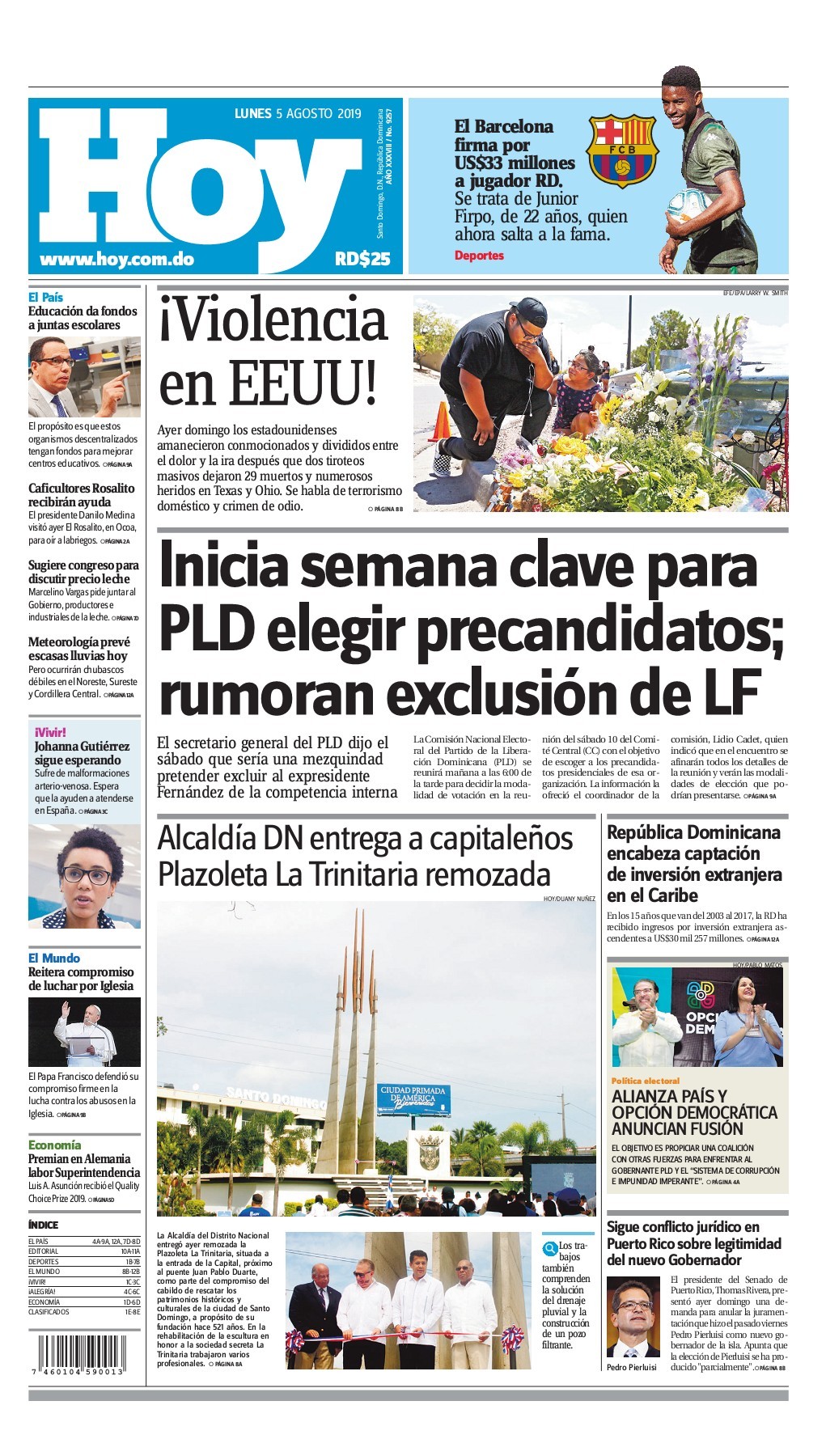 Portada Periódico Hoy, Lunes 05 de Agosto, 2019