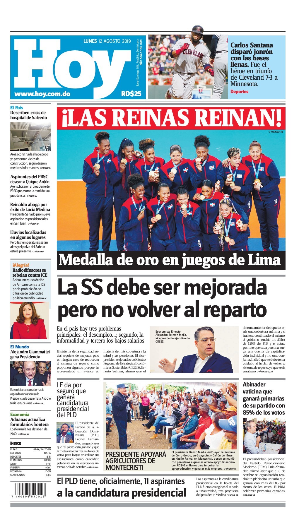 Portada Periódico Hoy, Lunes 12 de Agosto, 2019