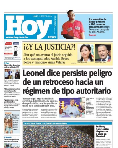 Portada Periódico Hoy, Lunes 19 de Agosto, 2019