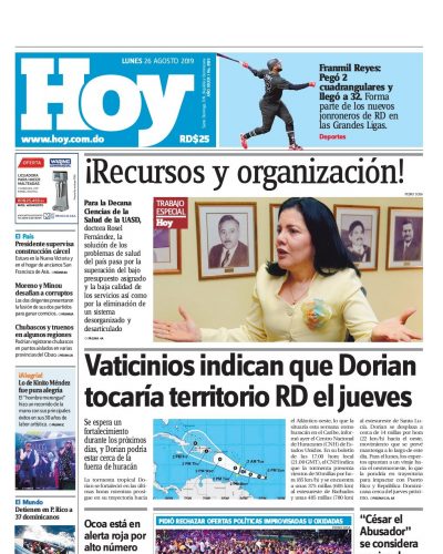Portada Periódico Hoy, Lunes 26 de Agosto, 2019