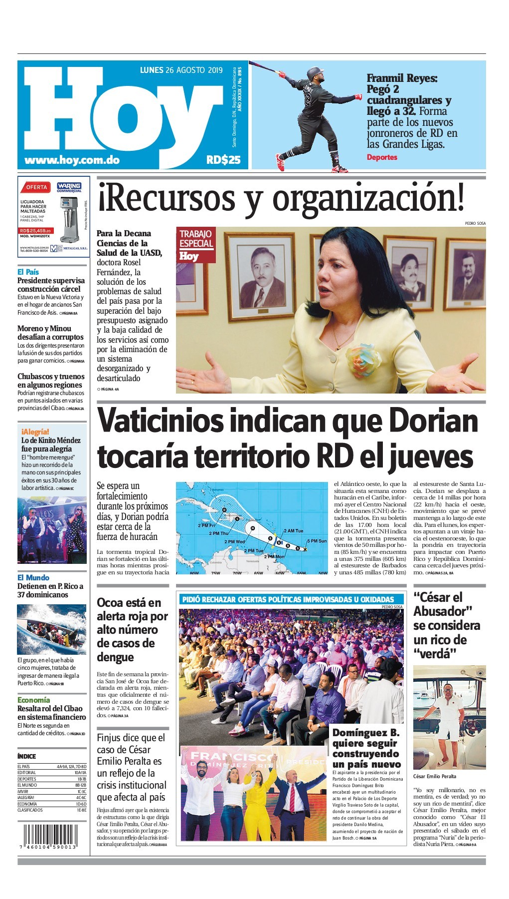 Portada Periódico Hoy, Lunes 26 de Agosto, 2019
