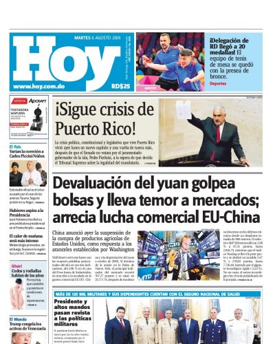 Portada Periódico Hoy, Martes 06 de Agosto, 2019