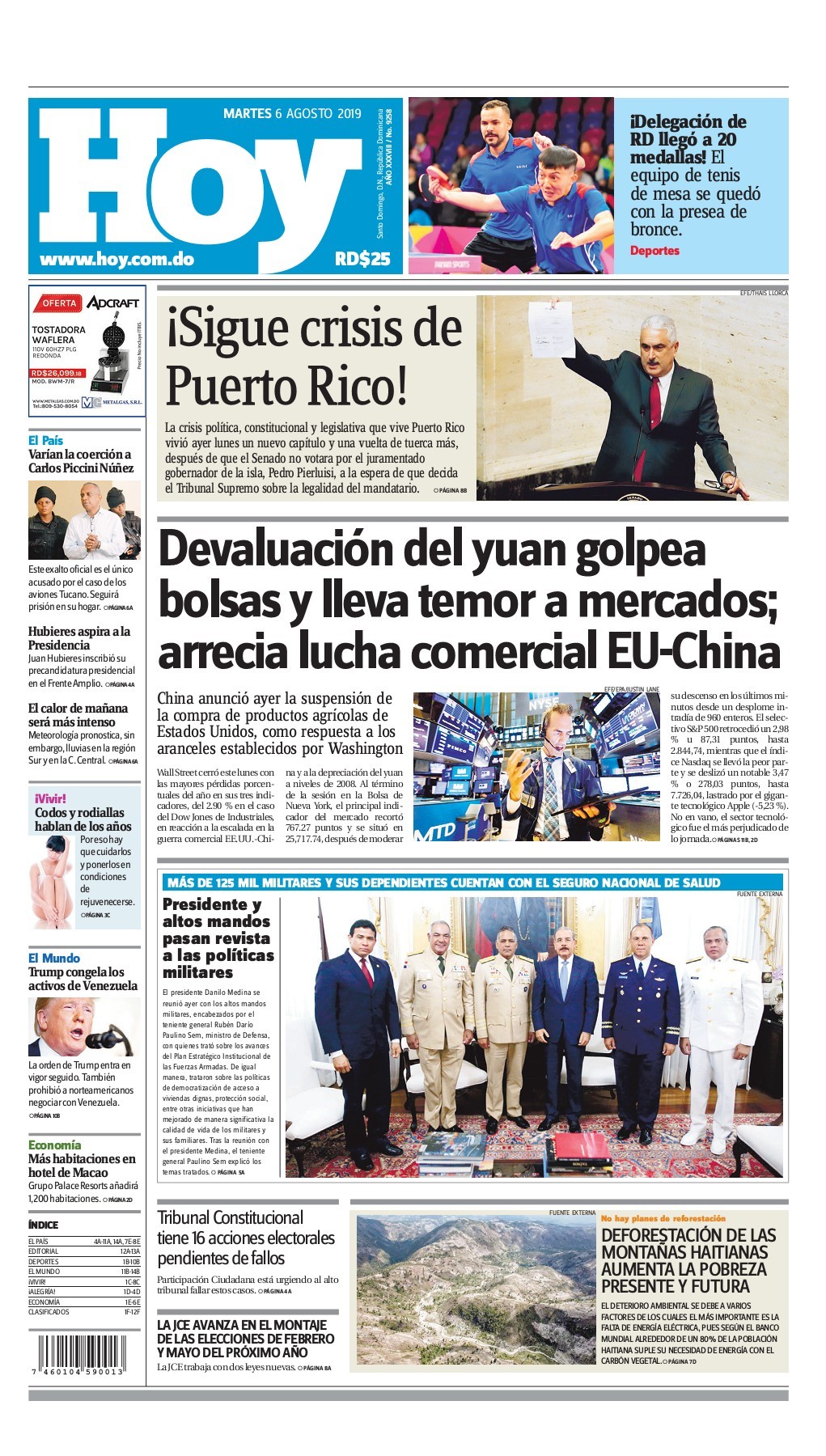 Portada Periódico Hoy, Martes 06 de Agosto, 2019