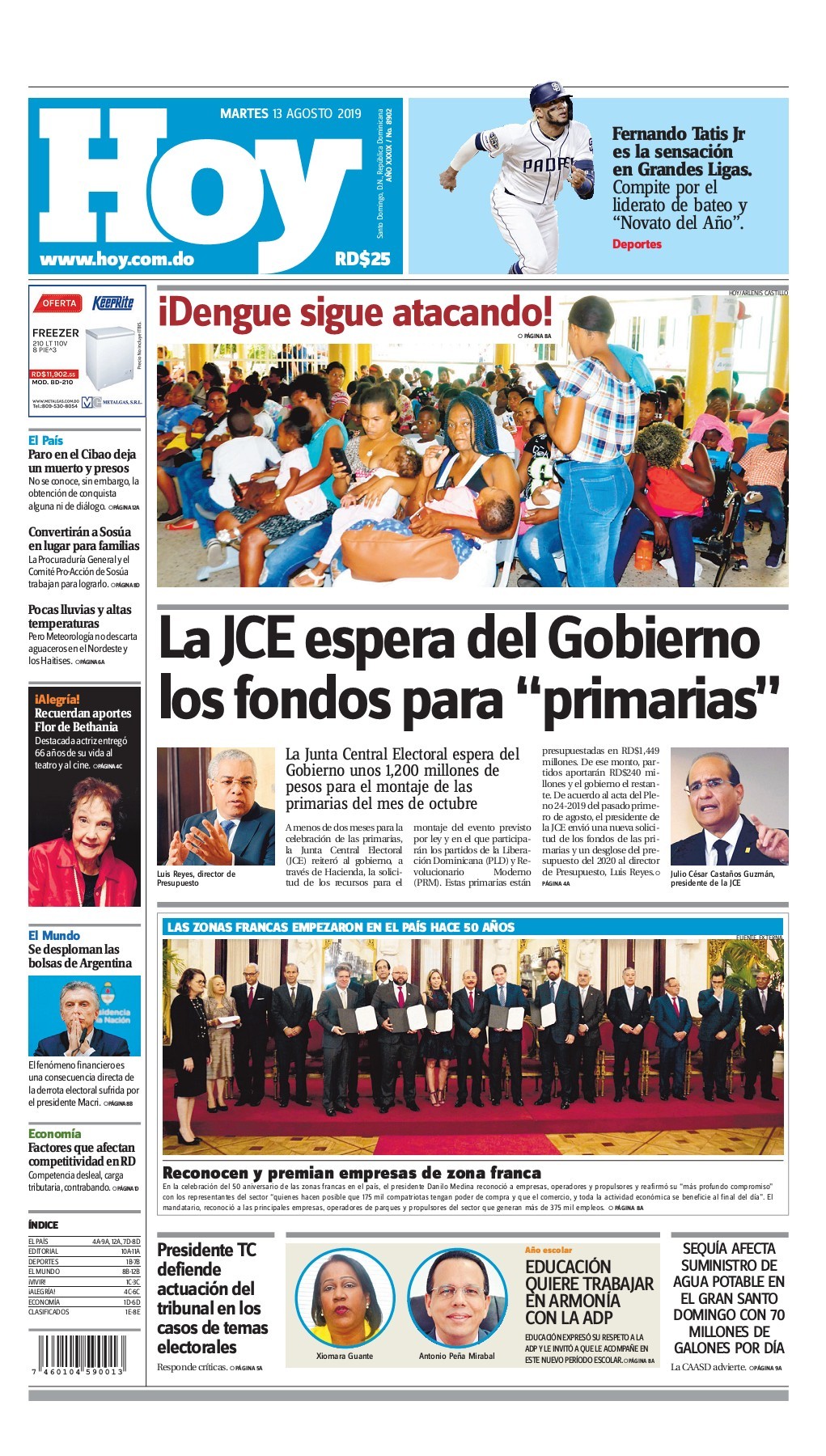 Portada Periódico Hoy, Martes 13 de Agosto, 2019