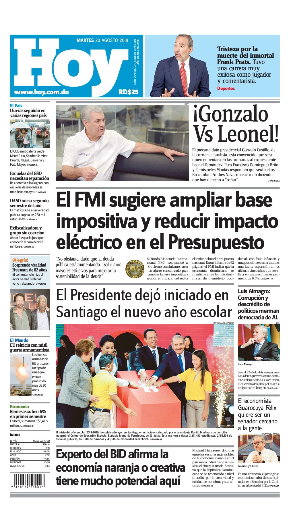 Portada Periódico Hoy, Martes 20 de Agosto, 2019