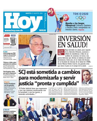 Portada Periódico Hoy, Martes 27 de Agosto, 2019