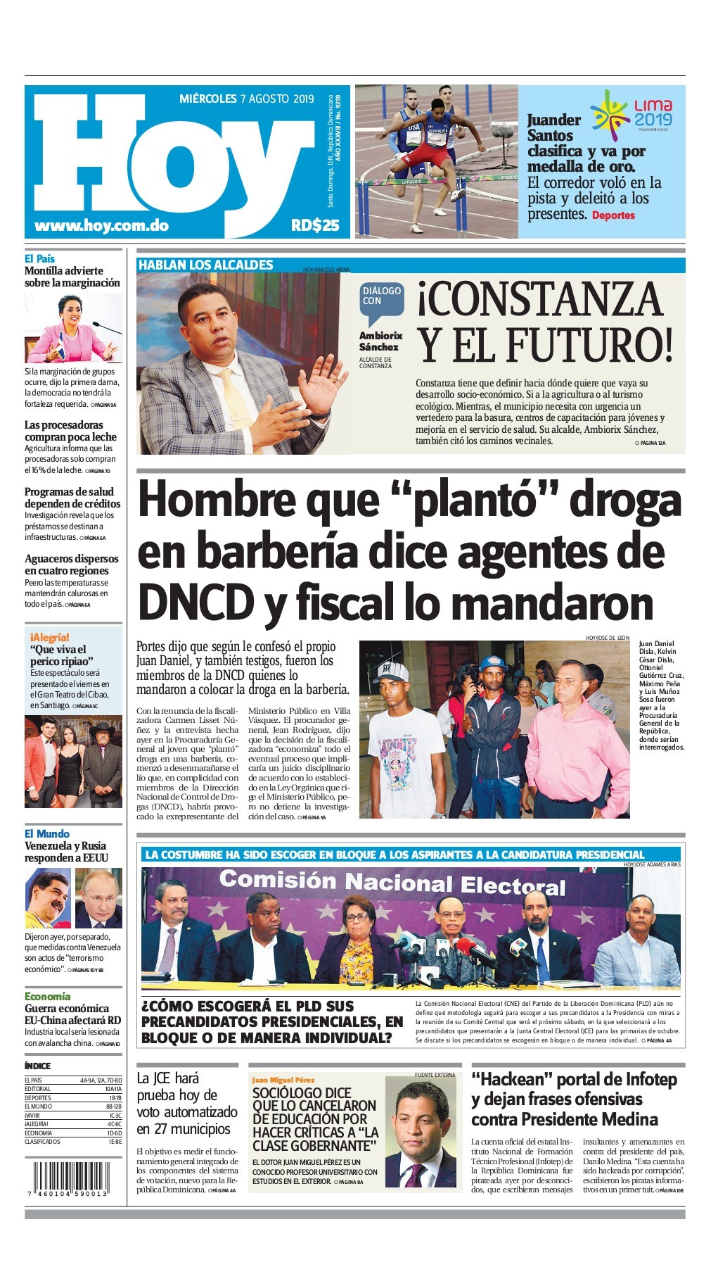 Portada Periódico Hoy, Miércoles 07 de Agosto, 2019