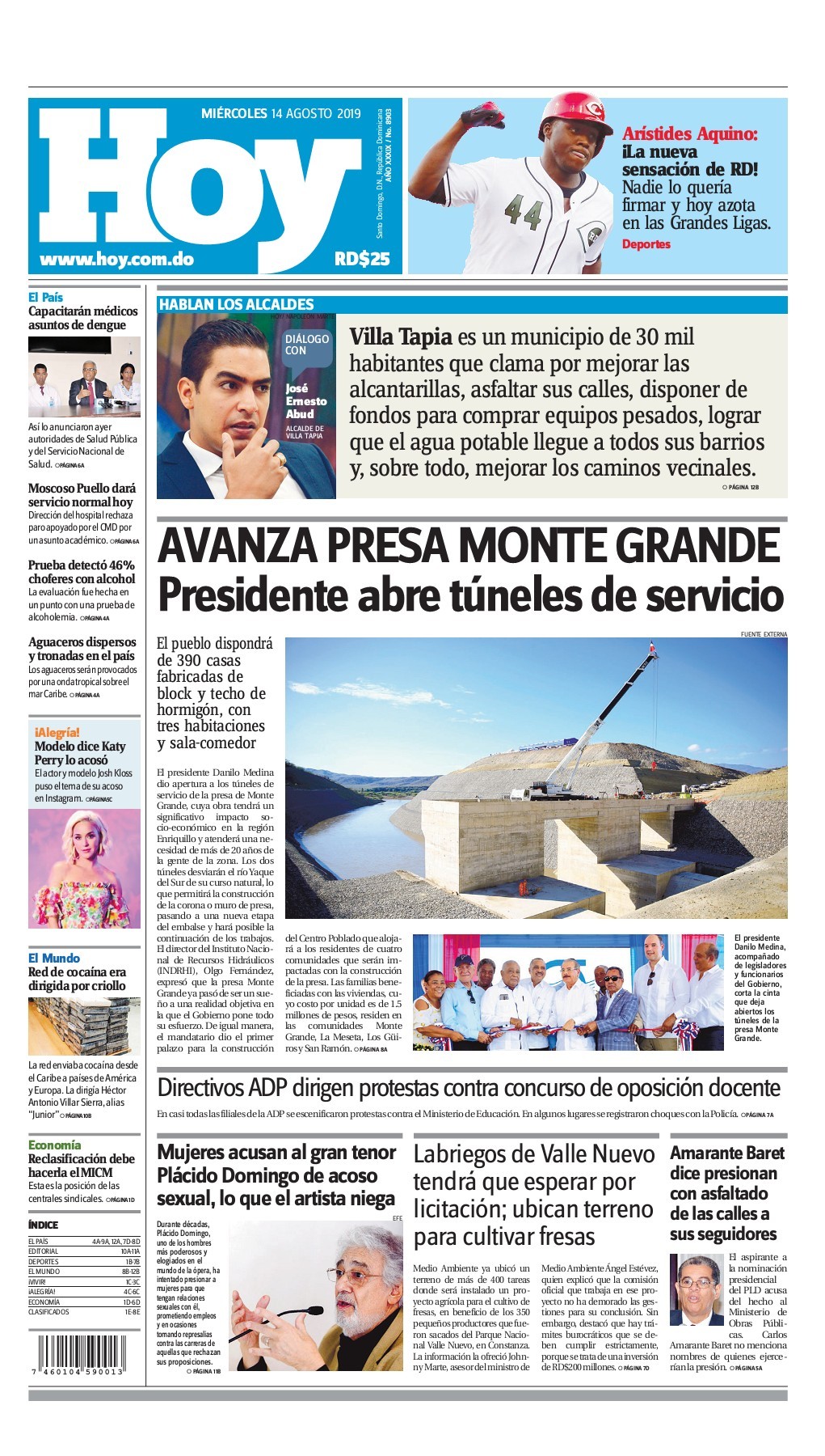 Portada Periódico Hoy, Miércoles 14 de Agosto, 2019