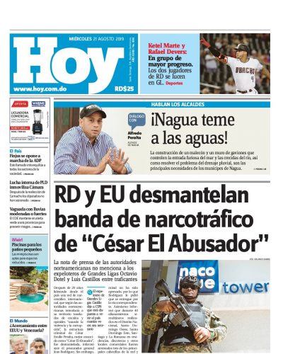 Portada Periódico Hoy, Miércoles 21 de Agosto, 2019
