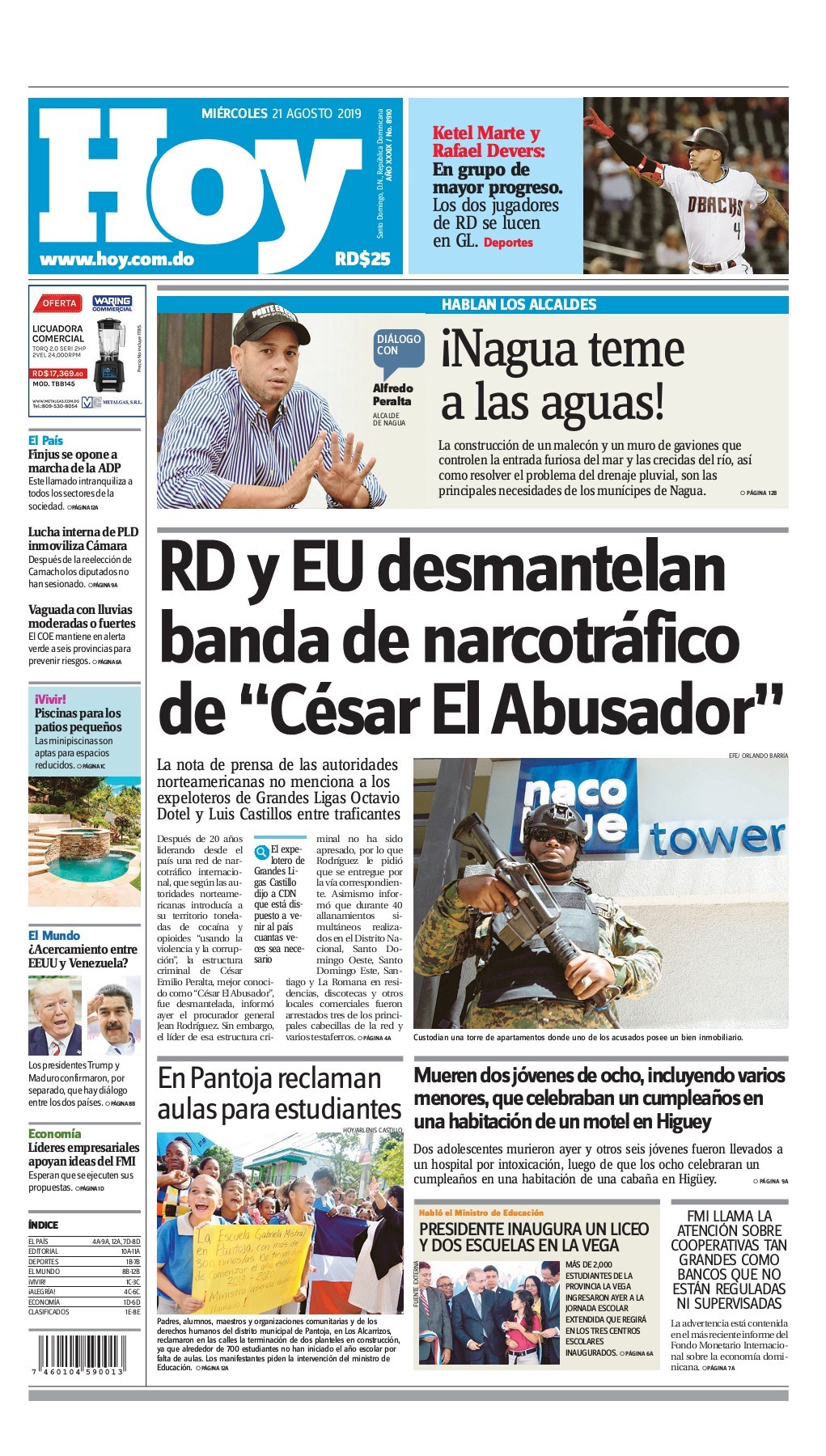 Portada Periódico Hoy, Miércoles 21 de Agosto, 2019