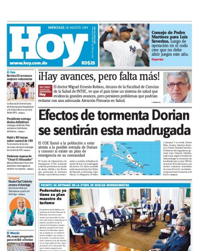 Portada Periódico Hoy, Miércoles 28 de Agosto, 2019